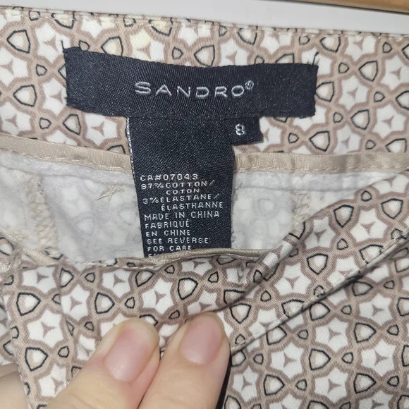 Sandro Paris Printed Ankle Pants Size 8 Brown Cream Slim Fit Stretch - Picture 6 of 6